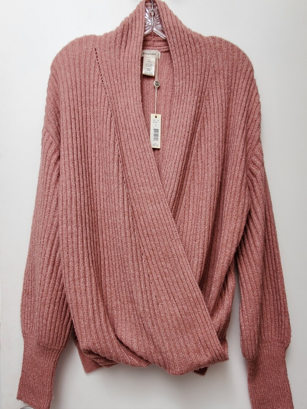 Max Studio Pink Mauve Ribbed Wrap Knit Sweater Size Large New - Picture 2 of 9